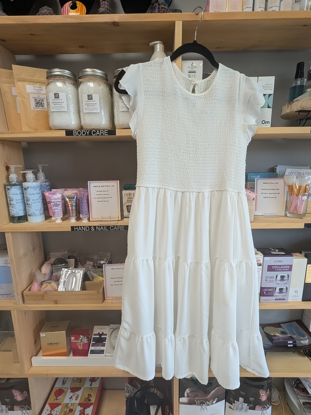 Smocked Bodice White Flutter Sleeve Midi Dress - Picture 2 of 4